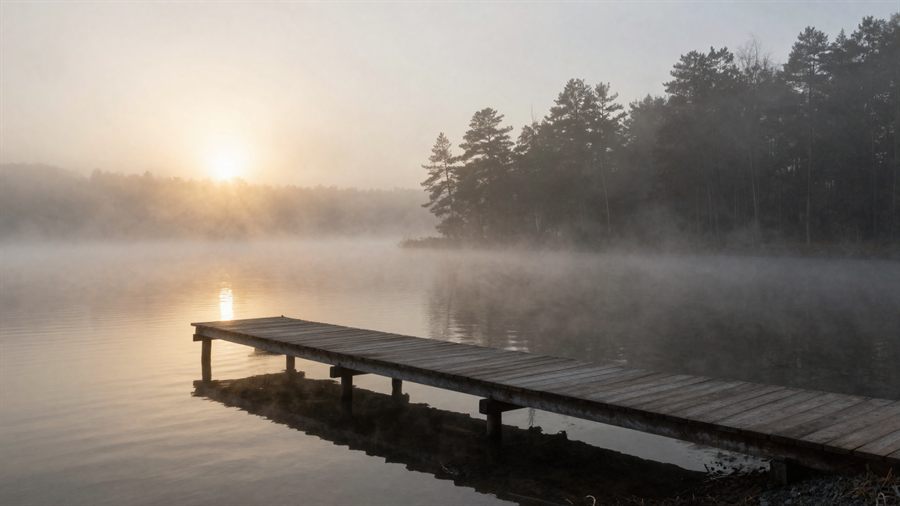 Misty lake at sunrise from the Silver Creek Tackle demo site