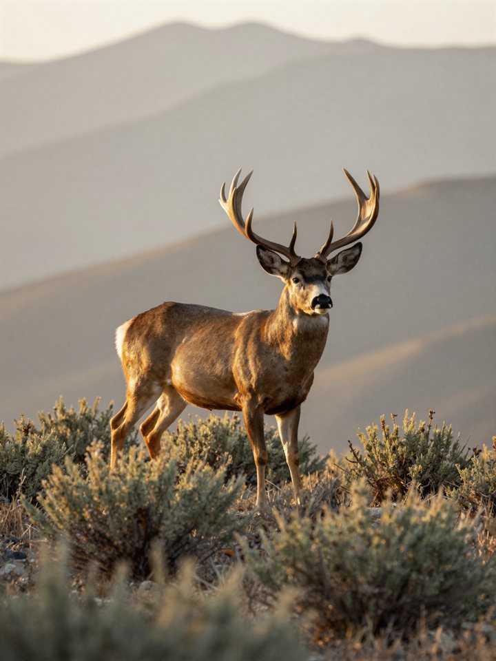 A tall-racked mule deer on a sage ridge