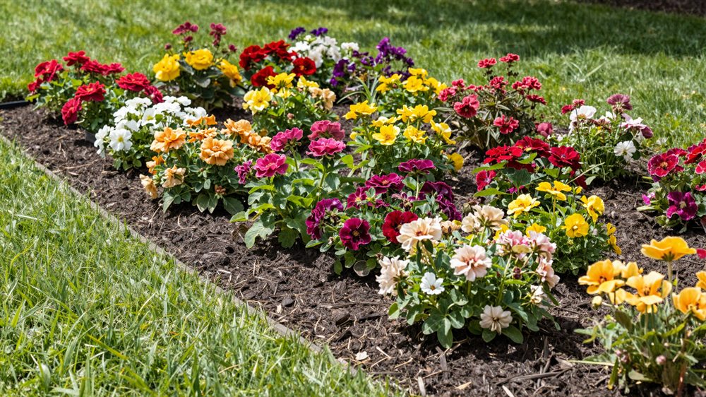 A colorful flower bed with fresh mulch