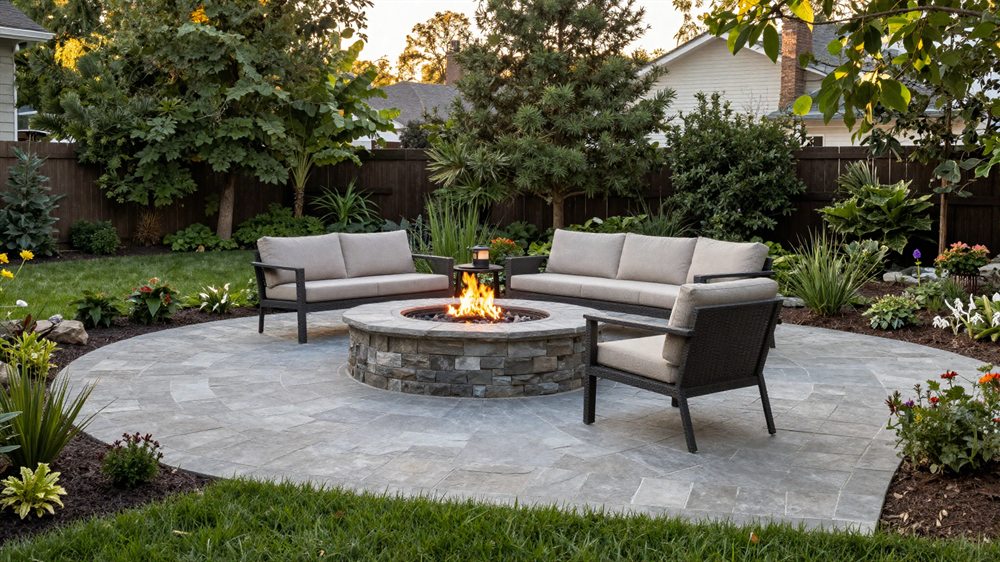 A paver patio with a fire pit