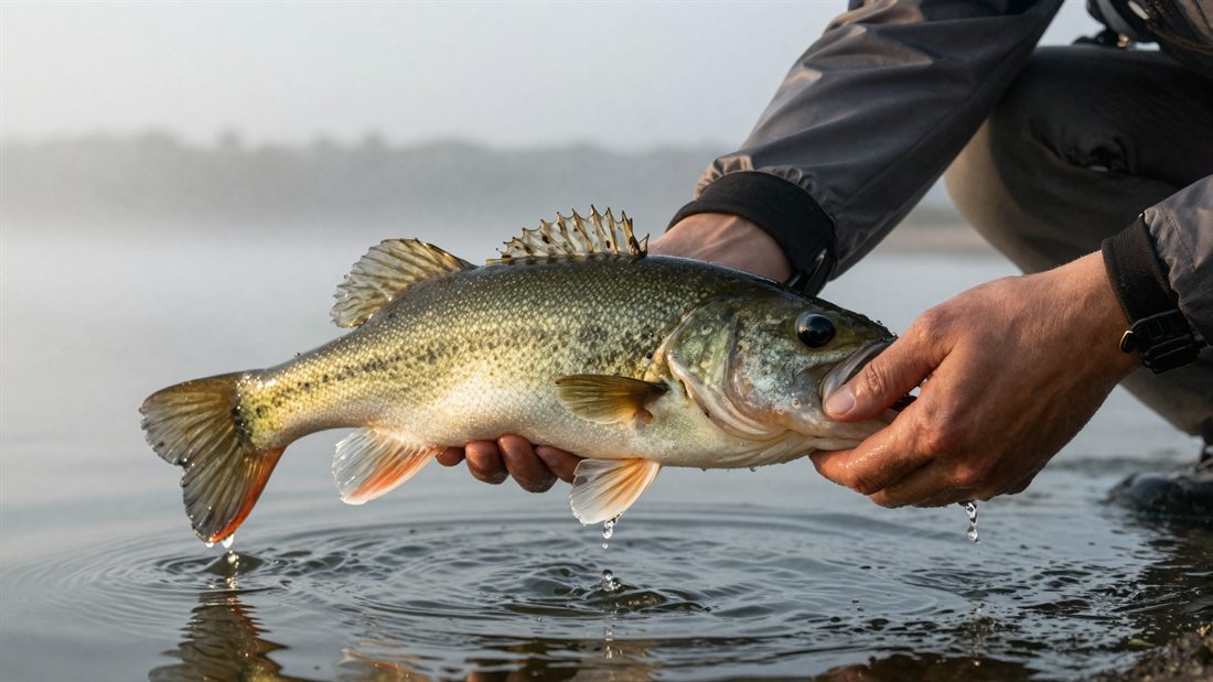 A largemouth bass at the water's edge