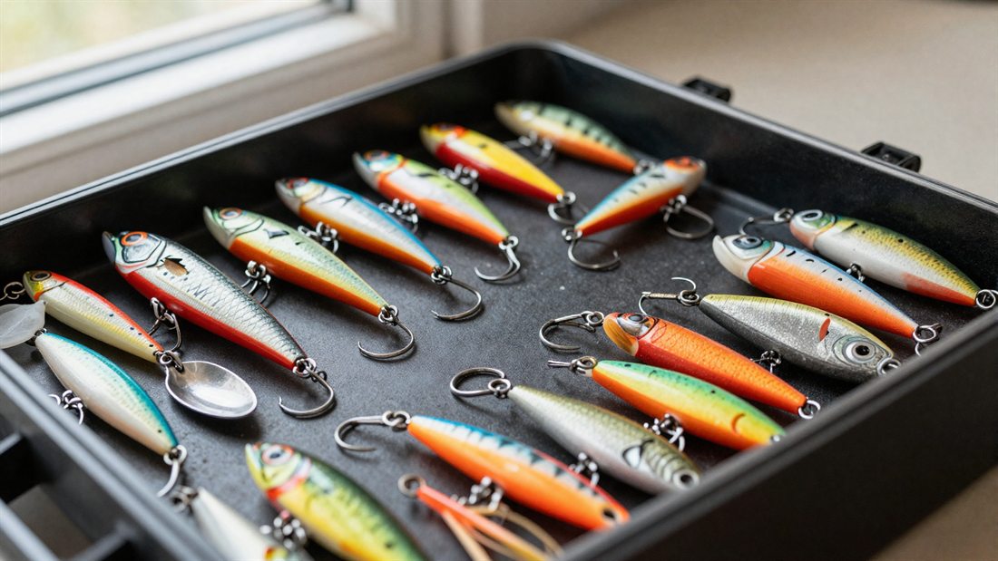 A tray of colorful fishing lures